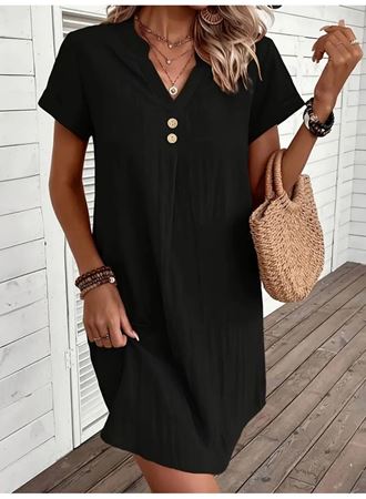 Kadın Kısa Kollu V Yakalı Düğmeli Müslim Kısa Elbise