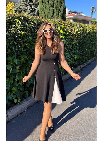 Kadın Tek Omuzu şerit Detaylı Sıfır Kol Yandan Düğme Detaylı Janjan Krep Elbise