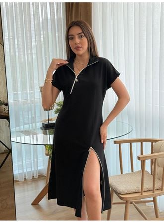 Kadın Kısa Kollu Yakadan Ve Etekten Fermuarlı Midi Viskon Iki Iplik Elbise