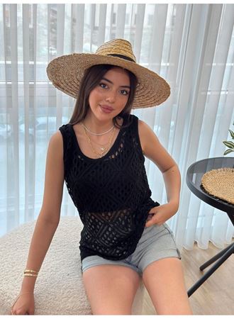 Kadın Askılı Yuvarlak Yaka Geometrik Desenli Triko Bluz