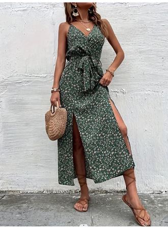 Kadın Ip Askılı Kruvaze Yakalı Yırtmaçlı Uzun Desenli Kuşaklı Süprem Elbise