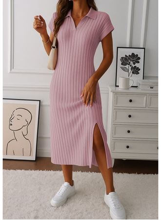 Kadın Kısa Kollu Yakalı Yandan Yırtmaçlı Kalın Fitilli Kaşkorse Elbise