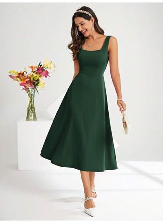 Kadın Askılı Kare Yakalı Midi Ithal Krep Elbise