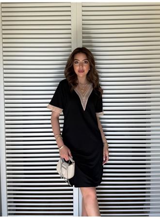 Kadın V Yaka Güpürlü İki İplik Elbise