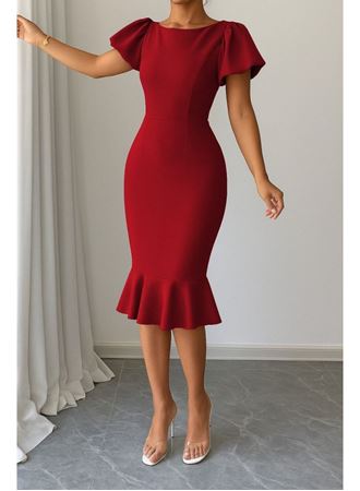 Kadın Kısa Kollu Yuvarlak Yaka Pileli Janjan Krep Elbise