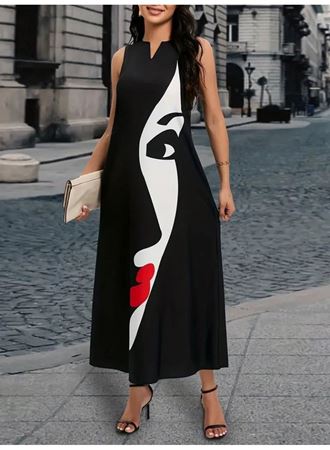 Kadın Sıfır Kol V Yakalı Kadın Yüz Desenli Süprem Elbise