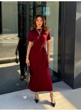 Kadın Kısa Kollu Bisiklet Yaka Yandan Bağlamalı Viskon Iki Iplik Elbise