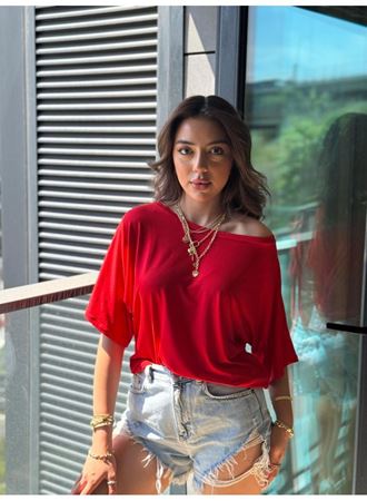 Kadın Tek Omuzu Açık Kısa Kollu Salaş Viskon Bluz