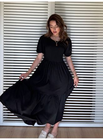 Kadın Kısa Kollu Yakası Açık Katlı Bürümcük Balon Elbise