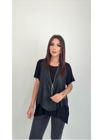 Kadın Kısa Kollu Yuvarlak Yaka Viskon Bluz + Kolsuz Fermuarlı çatlak Deri Yelek