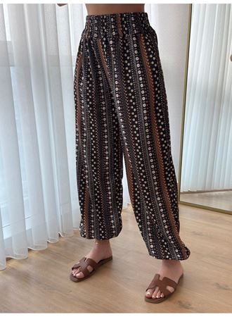 Kadın Yüksek Bel Etnik Desenli Geniş Dökümlü Bürümcük Pantolon
