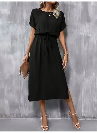 Kadın Kısa Kollu Yakası Açık Belden Bağlamalı Yırtmaçlı Viskon Elbise