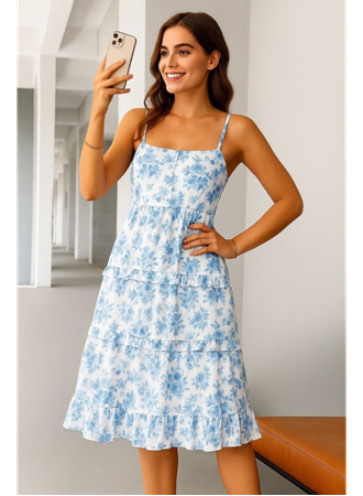 Kadın Sıfır Kol Askılı Dekolteli Yırtmaç Detay çiçek Baskılı Süprem Midi Elbise