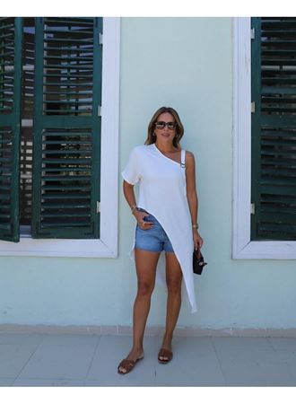 Kadın Tek Omuzu Açık Askılı Asimetrik Kesim Detaylı Bluz