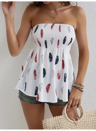 Kadın Yaprak Desenli Göğsü Gipeli Mosskrep Straplez Bluz