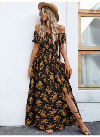 Kadın Kısa Kollu Madonna Yaka Yırtmaçlı çiçek Desenli Süprem Elbise