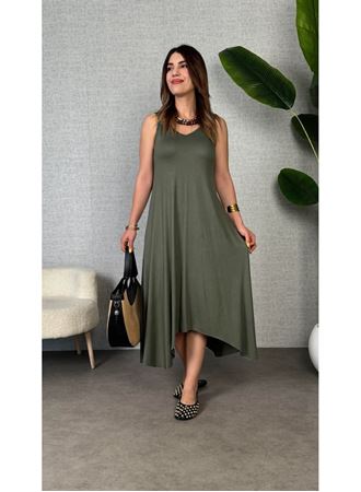 Kadın çan Dokuma Kumaş V Yaka Asimetrik Kesim Elbise