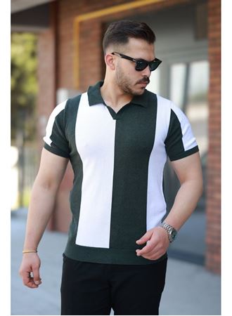 Erkek Kısa Kollu Polo Yakalı Blok Desenli Triko Tişört