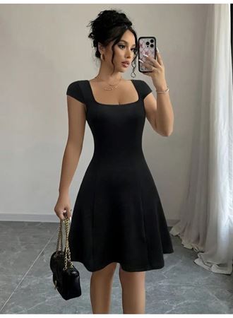 Kadın Kısa Kollu Geometrik Yakalı Janjan Krep Elbise