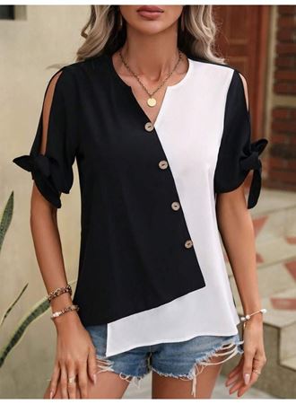 Kadın Kısa Kollu Kollardan Bağlamalı önden Asimetrik Kesim çift Renk Detaylı Düğmeli Ithal Krep Bluz