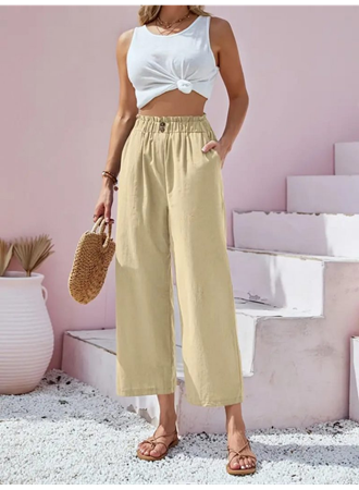 Kadın Bel Büzgü Ve Düğme Detay Kapri Keten Pantolon