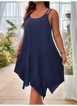 Kadın Askılı Yuvarlak Asimetrik Kesim Detaylı Viskon Elbise