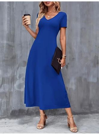Kadın Kısa Kollu V Yakalı Cepli Viskon Elbise