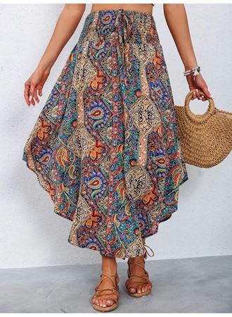 Kadın Beli Lastikli Bağcıklı Asimetrik Kesim Detaylı Desenli Bürümcük Etek