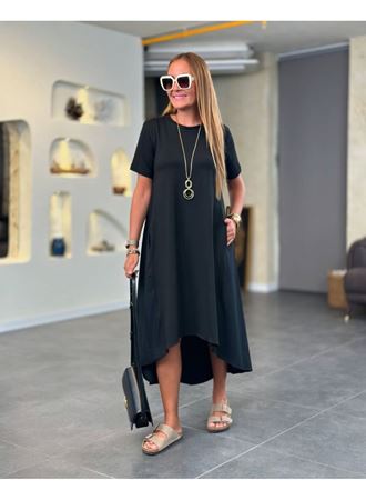 Kadın Kısa Kollu Bisiklet Yaka Asimetrik Kesim ön Viskon Arkası Trikoton Elbise