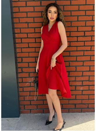 Kadın Ithal Krep Kumaş Kruvaze Yaka Eteği Kloş Kolsuz Mini Elbise