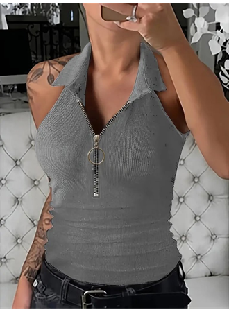 Kadın Kolsuz Polo Yaka önü Fermuarlı Kaşkorse Bluz