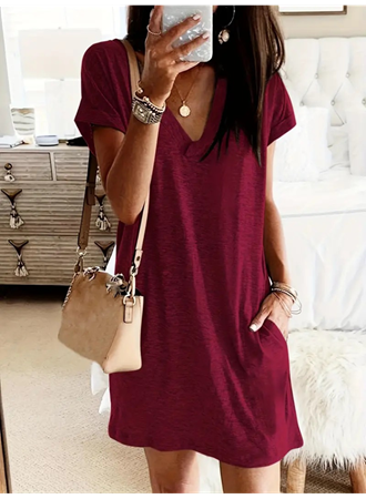 Kadın Kısa Kollu V Yakalı Cepli Kısa Viskon Elbise