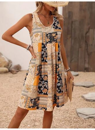 Kadın Sıfır Kol Yuvarlak Yaka çiçek Desenli Süprem Elbise