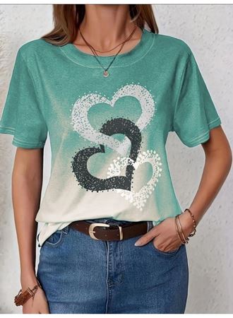 Kadın Kısa Kollu Bisiklet Yaka Kalp Baskılı Süprem Bluz