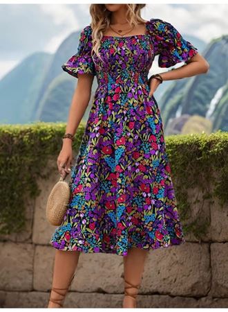 Kadın Kısa Kollu Kare Yakalı Beli Lastikli çiçek Desenli Mini Süprem Elbise