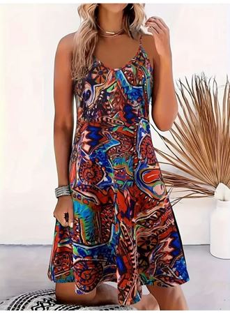 Kadın Ip Askılı V Yakalı Desenli Kısa Süprem Elbise