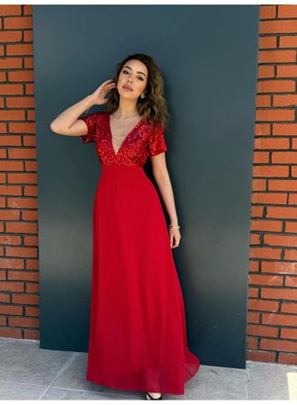 Kadın Kısa Kollu Derin V Yakalı A Kesim Pulpayet Detaylı şifon Nedime Elbisesi