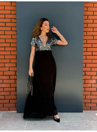 Kadın Kısa Kollu Derin V Yakalı A Kesim Pulpayet Detaylı şifon Nedime Elbisesi