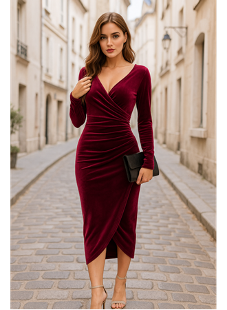 Kadın Uzun Kollu Kruvaze Yaka Belden Büzgü Detay Midi Kadife Elbise