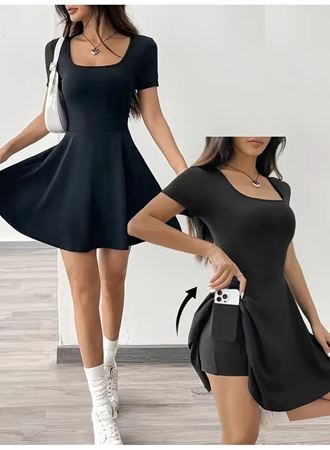 Kadın Kısa Kollu Kare Yaka Short Detaylı Cepli Dalgıç Elbise