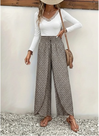 Kadın Yüksek Bel Lastikli önden Iki Parçalı Desenli Bürümcük Pantolon