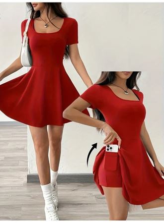 Kadın Kısa Kollu Kare Yaka Short Detaylı Cepli Dalgıç Elbise