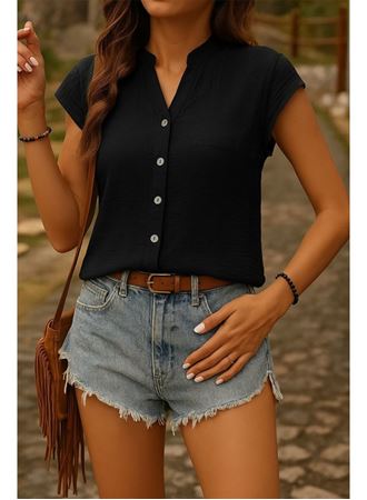 Kadın Kısa Kollu V Yakalı önden Düğmeli Müslim Gömlek