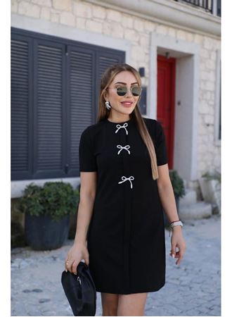 Kadın Kısa Kollu Bisiklet Yaka önden Fiyonk Detaylı Ithal Krep Elbise