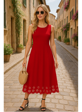 Kadın Kolsuz Etek Ucu Lazer Kesim çiçek Desenli Midi Boy Ithal Krep Elbise