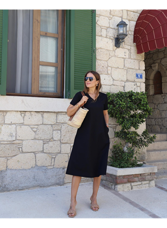 Kadın Kısa Kollu V Yaka Cepli A Kesim Detaylı Viskon Elbise