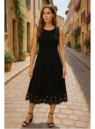 Kadın Kolsuz Etek Ucu Lazer Kesim çiçek Desenli Midi Boy Ithal Krep Elbise