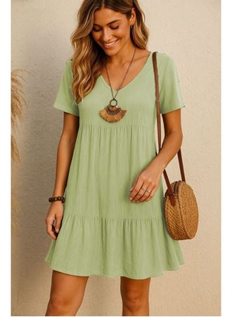 Kadın Kısa Kollu V Yakalı Fırfırlı Bürümcük Elbise