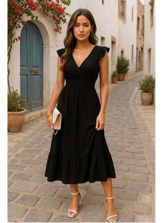 Kadın Kısa Kollu Kruvaze Yakalı Beli Lastikli Müslim Elbise