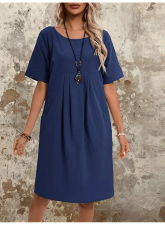 Kadın Kısa Kollu Yakası Açık önden Büzgülü Cep Detaylı Viskon Iki Iplik Elbise